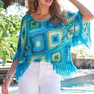 Boston Proper Lurex Slouchy Crochet Poncho in Blue Multi | MEDIUM/LARGE